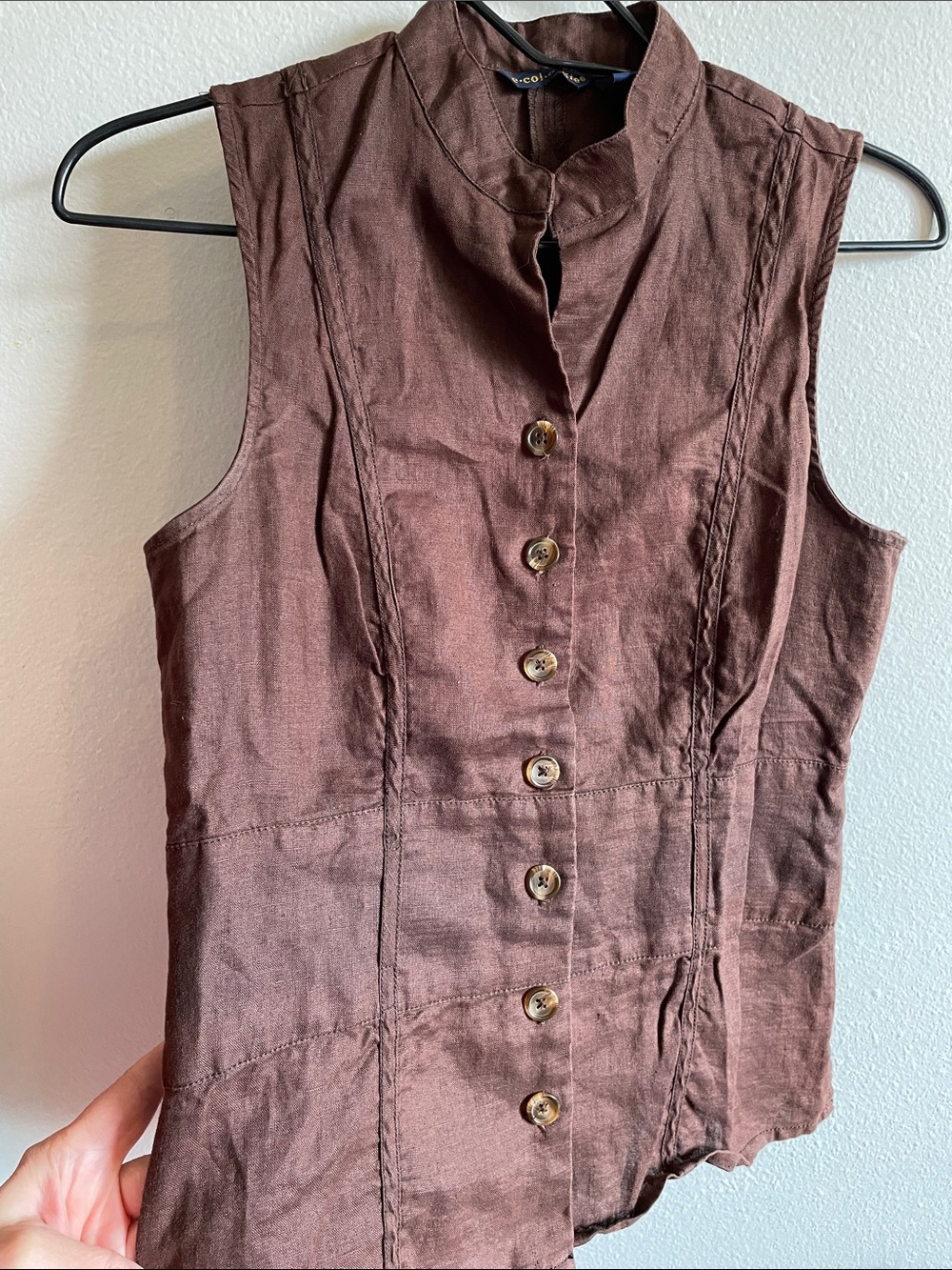 Ecologie 100% Linen Sleeveless Brown Button-Front Shirt